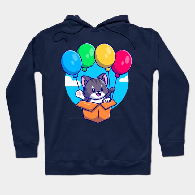Cute Cat Flying With Cardboard Box And Balloon Cartoon Hoodie by Catalyst Labs